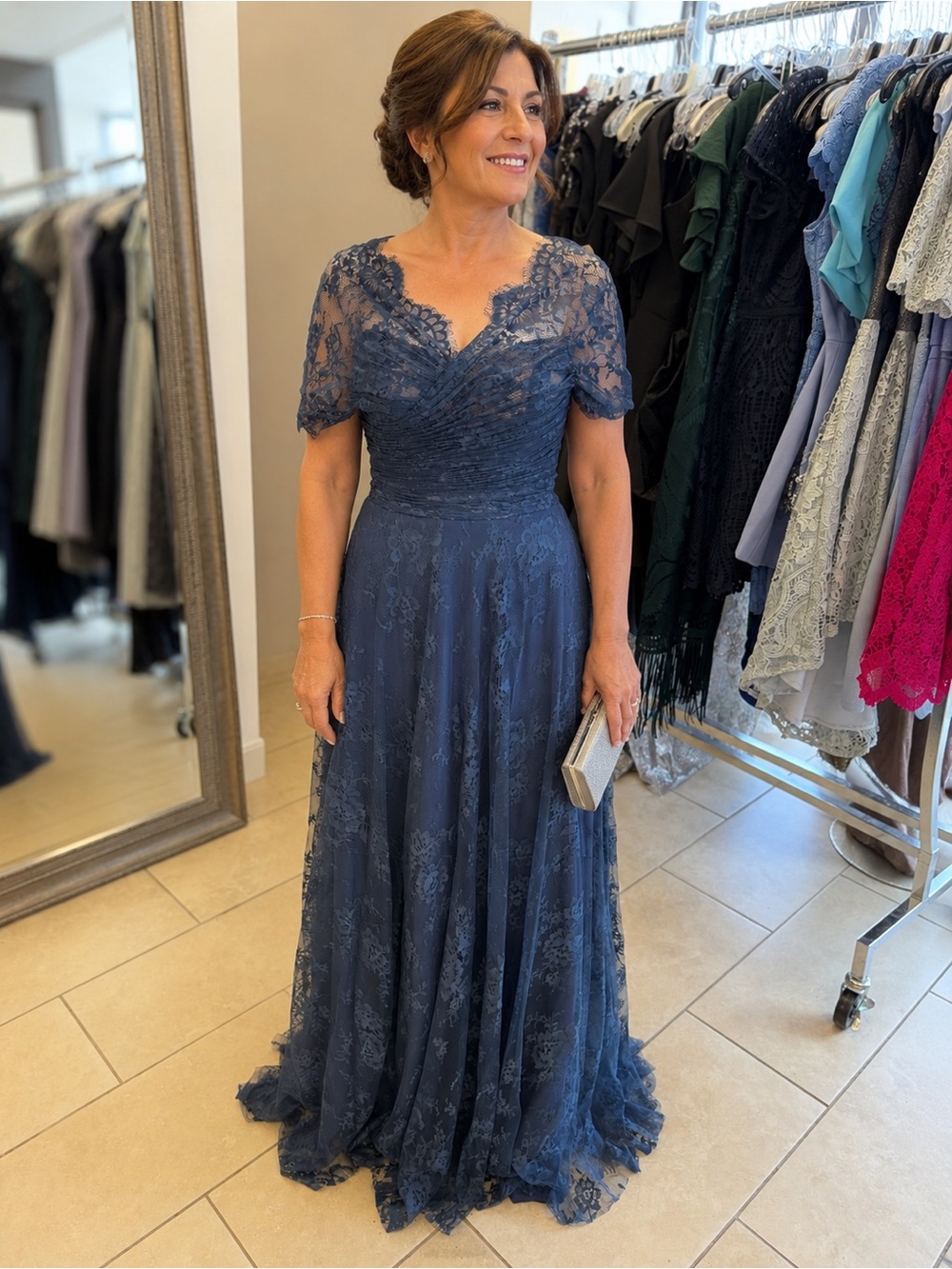 Elegant Lace Evening Gown — Navy Blue size 2 with cap sleeve mother of the bride